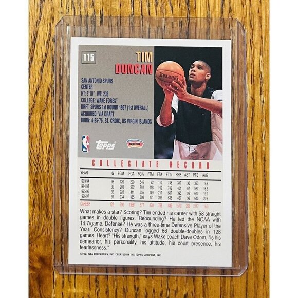 1997 Topps Basketball Tim Duncan Rookie RC #115 HOF San Antonio Spurs - Picture 2 of 2